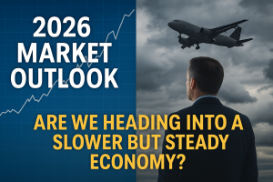 Split image showing a stock market chart on one side and a businessman observing a plane in a cloudy sky on the other, with the text “2026 Market Outlook – Are We Heading Into a Slower But Steady Economy?”