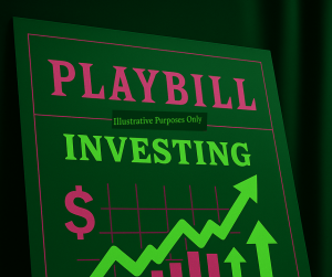 Stylized investing playbill poster with theatrical lighting, bar and line charts, and a disclaimer reading 'Illustrative Purposes Only'—symbolizing the narrative of market cycles in a theatrical context