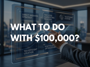 A wealth management strategist interacts with a 369 Financial holographic interface illustrating Direct Indexing, Tax-Loss Harvesting, and Portfolio Optimization processes for investing $100k tax efficiently.