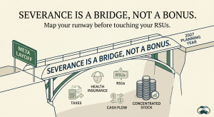 Clean, editorial-style financial illustration on a cream background with deep green and navy accents. A large architectural bridge spans from a left cliff marked by a green "META LAYOFF" sign to a far cliff labeled "2027 PLANNING YEAR." The bridge itself is inscribed with the text "SEVERANCE IS A BRIDGE, NOT A BONUS." The main headline at the top reads, "SEVERANCE IS A BRIDGE, NOT A BONUS," with the subheadline, "Map your runway before touching your RSUs." Tucked neatly beneath the arch of the bridge are five minimalist icons and labels representing core financial considerations: Taxes, Health Insurance, RSUs, Cash Flow, and Concentrated Stock.