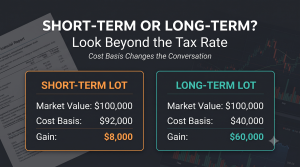 Which Tax Lot Should You Sell? - 369 Financial Featured image comparing a short-term stock tax lot and a long-term stock tax lot, showing how cost basis affects capital gains taxes